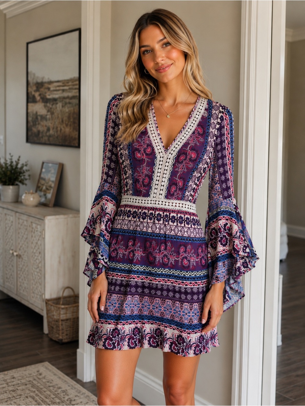 Flying Tomato Boho Paisley Bell Sleeve Mini Dress Large Purple